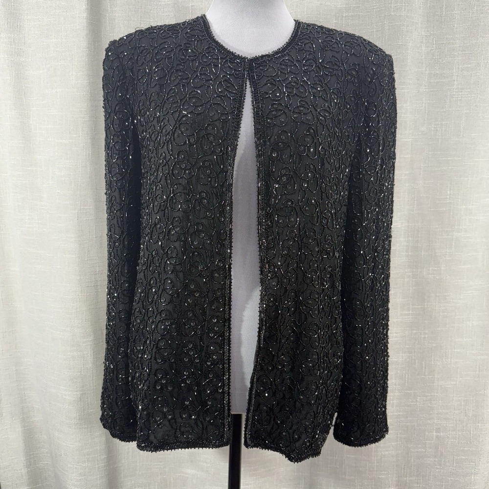Lawrence‎ Kazar Black Silk Beaded Formal Jacket Size XL